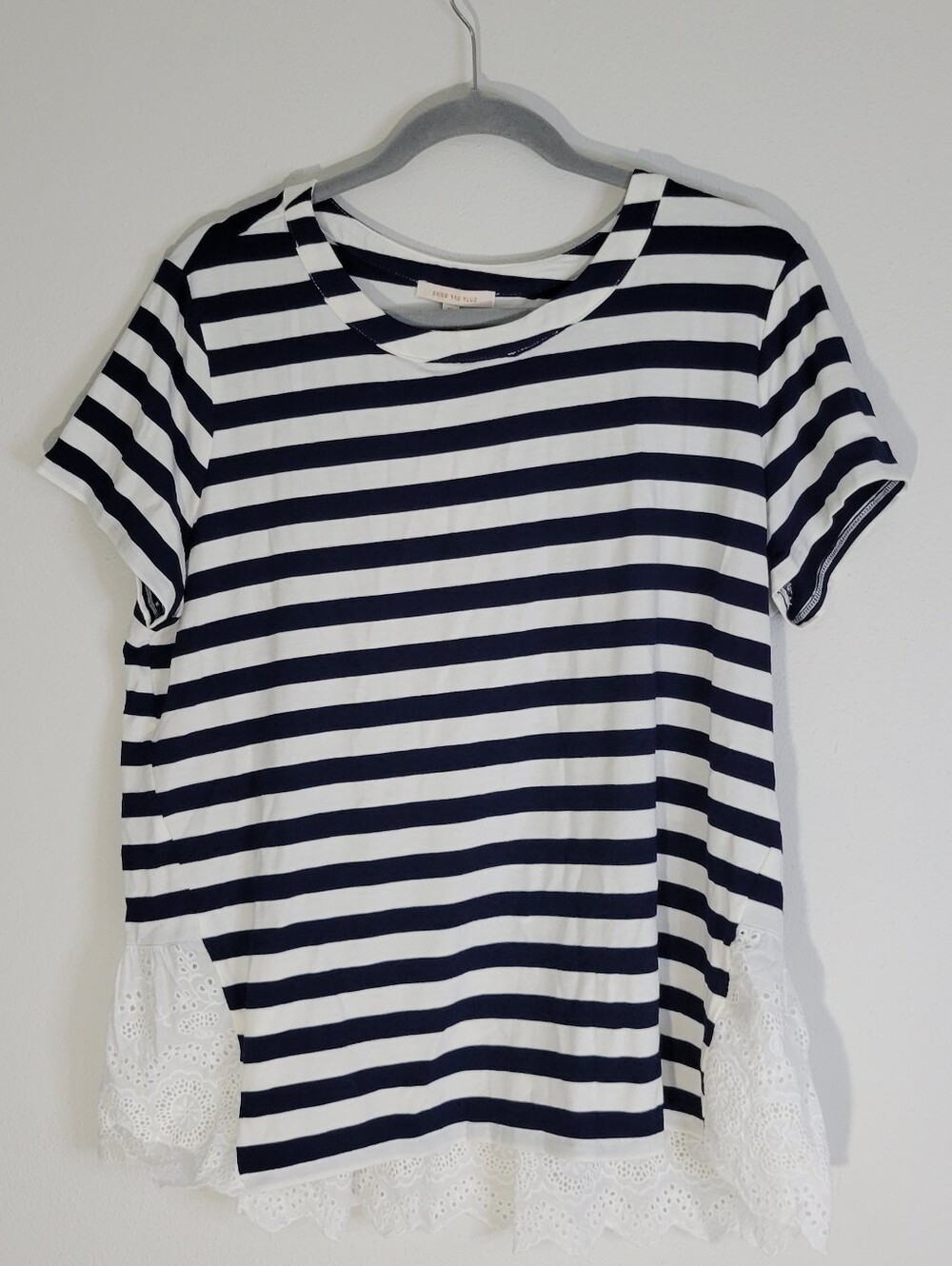 Skies Are Blue Navy and White Striped Navy and White Striped Tee with Lace Hem.